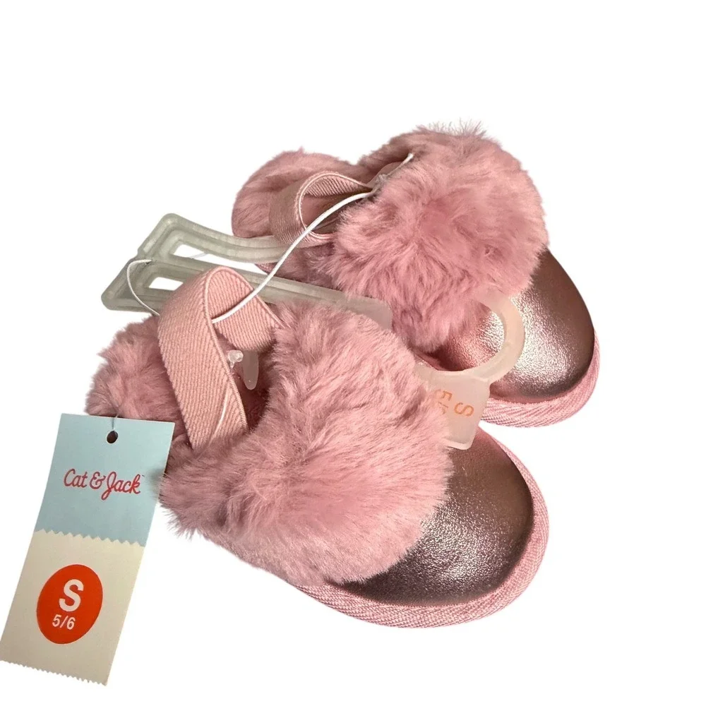 Cat & Jack Slippers Kids S 5/6 Pink Rose Gold Faux Fur Lila Metallic Shimmer New